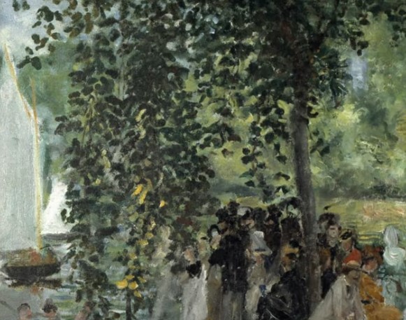 The individual leaves of the tree in the foreground La Grenouillère Pierre-Auguste Renoir