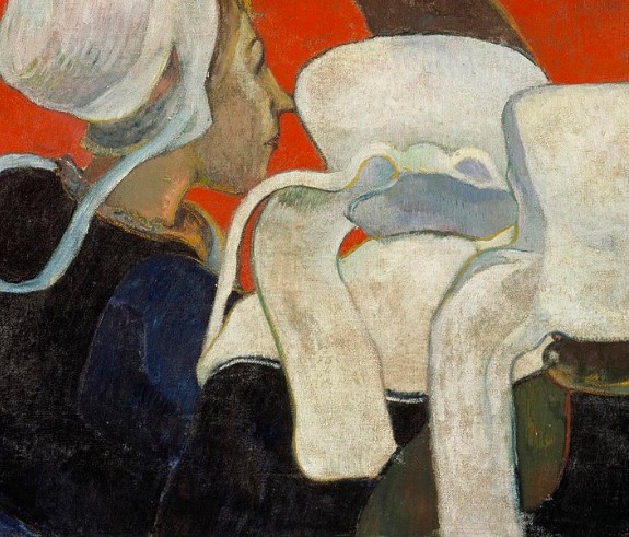 Black clothing contrasting with white hats in Vision after the sermon by paul gauguin
