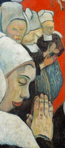 Breton women in prayer pose with eyes closed in Vision after the sermon by paul gauguin
