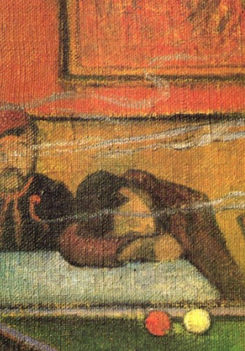 Figures on the left side in a drunken state in the painting Paul Gauguin's night cafe in Arles