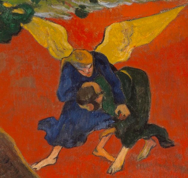 Jacob wears dark green and the Angel wears blue with yellow wings. In Vision after the sermon by paul gauguin
