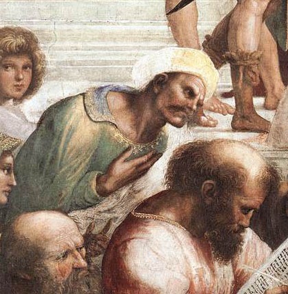 Averroes and Pythagoras in painting of plato and aristotle