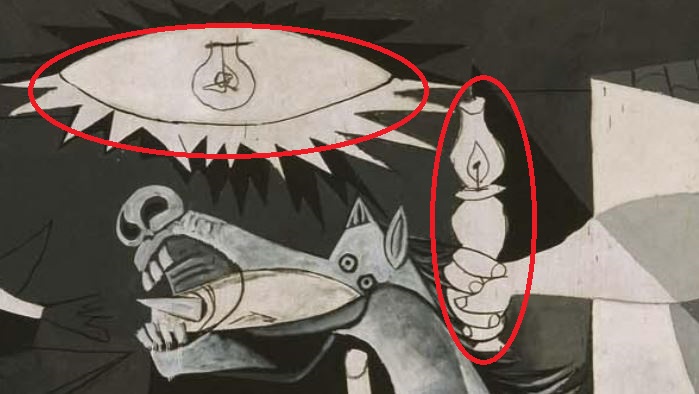 Electric bulb vs oil bulb make contrasts in Picassos Guernica