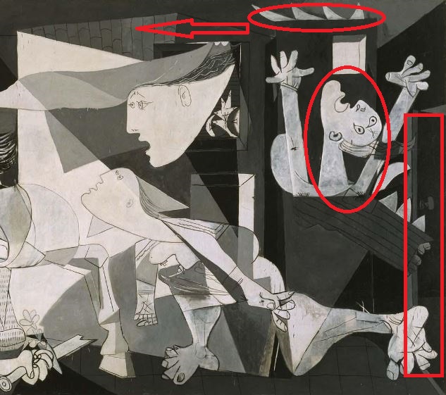 Human figures, empty windows, flames, open doors in Guernica reinforce the feeling of suffering and desolation.  