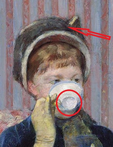 The cup with oval detail and depth, The guest's hat indicates modernism and high status. Five o Clock Tea Mary Cassatt