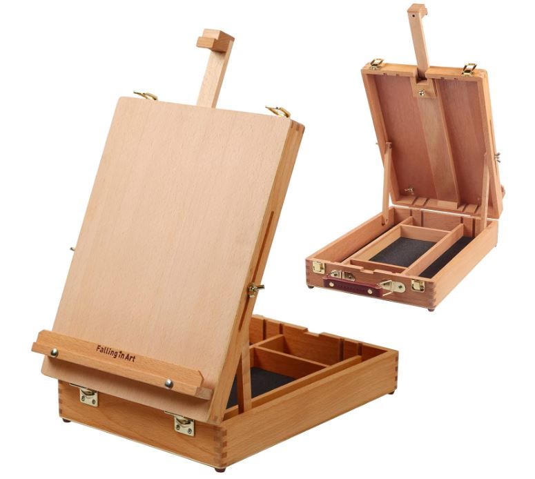 Falling in Art Wooden Tabletop Easel, Solid Wood Sketchbox Desktop Easel for Painting, Portable Art Drawing Easel for Beginners and Professionals Oil Painting Kit For Beginners  