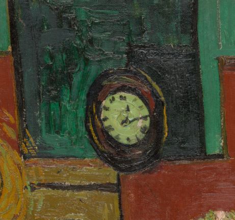Reloj marcando 12:15 Am en la obra  Van Gogh billiard parlour at night